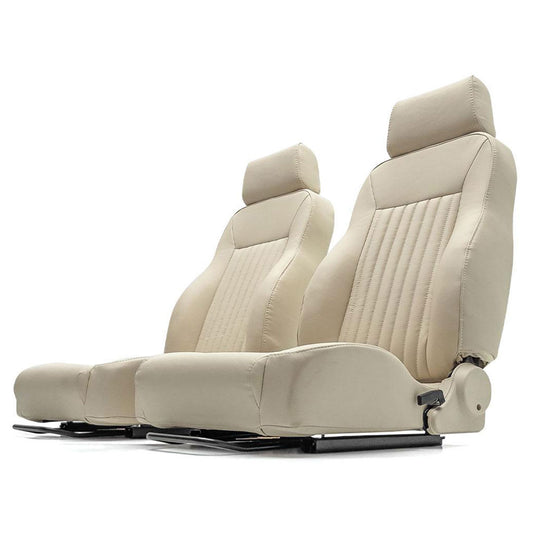 Beige leather bucket seats with stitched detailing and side bolsters, front view