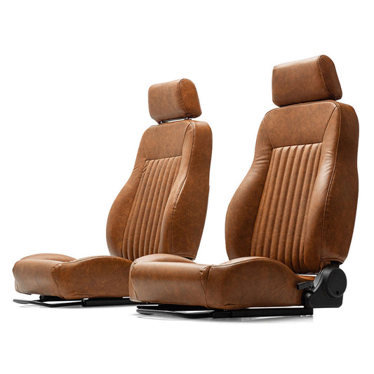 Brown walnut bucket seats with stitched upholstery and front mounting brackets, side view
