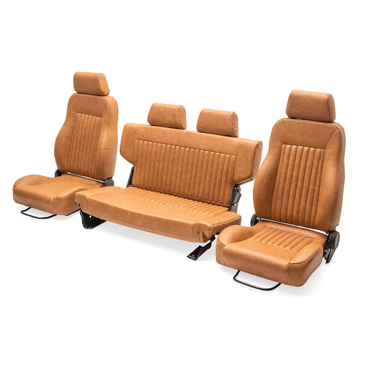 Brown deerskin Bronco seats with diamond stitching, front and rear view