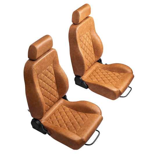 Brown deerskin bucket seats with diamond stitching and chrome hardware, front view