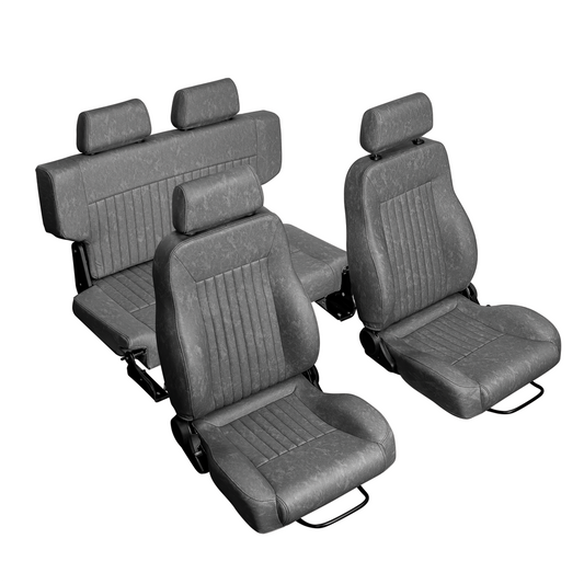 Gray premium Bronco seats with textured upholstery and stitching, front and rear view