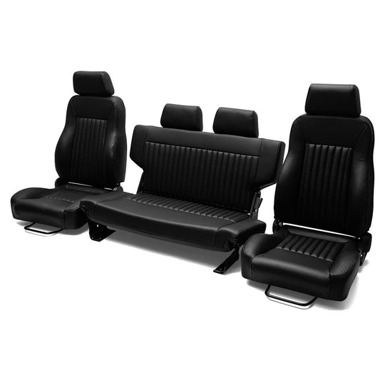 Black vinyl Bronco seats with diamond stitching, front and rear view