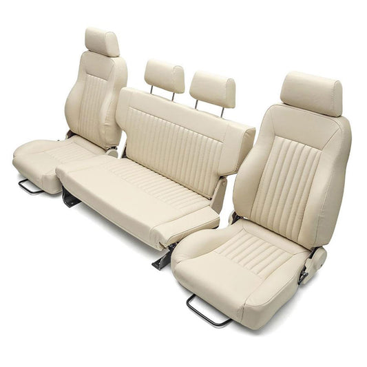 Premium parchment vinyl Bronco seats with textured stitching, front and rear view