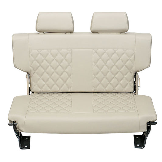Brown diamond-stitched parchment rear seat for vintage Ford Bronco, folded position