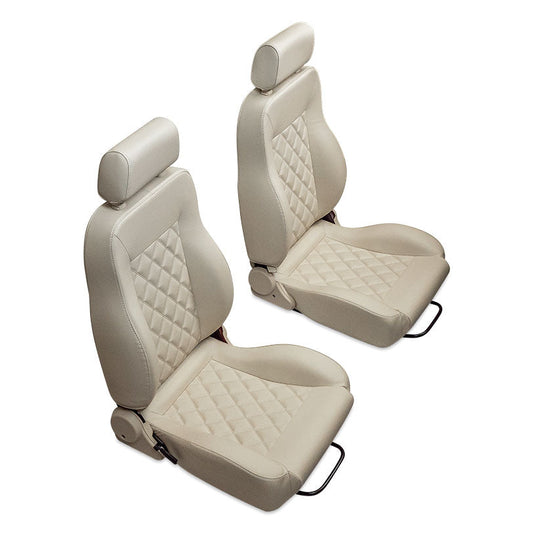 Beige diamond-stitched vinyl bucket seat with front view, 1966-77 Ford Bronco style