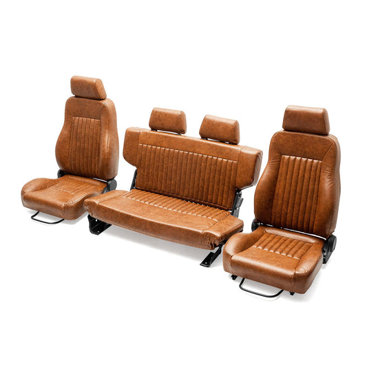 Walnut brown leather Bronco seats with diamond stitching, front and rear view
