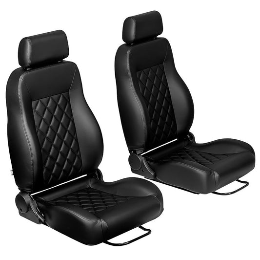 Black diamond-stitched vinyl bucket seat with side bolsters, front view