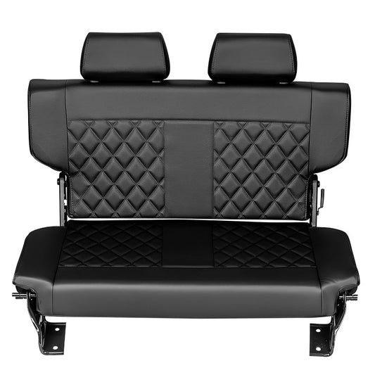 Black diamond-stitched rear seat with fold and tumble design, side view