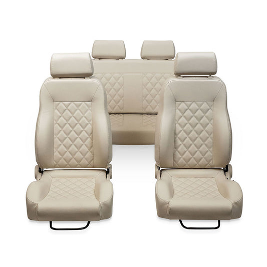 Beige diamond-stitched leather seats with parchment piping, front and rear view