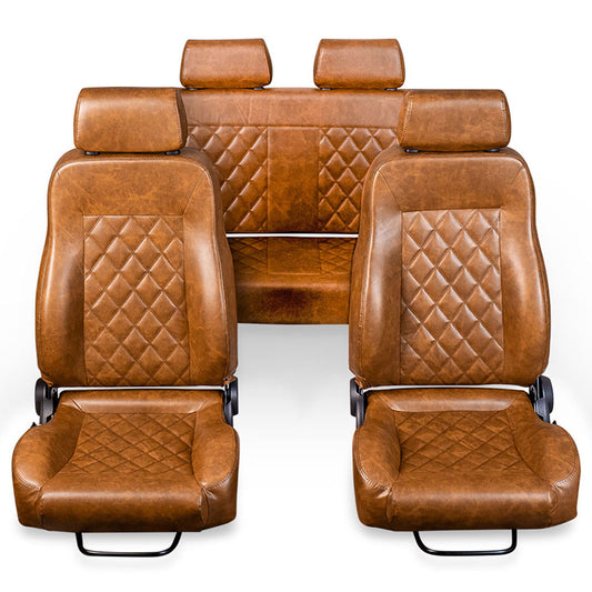 Walnut diamond-stitched leather seats with front and rear views for Ford Bronco