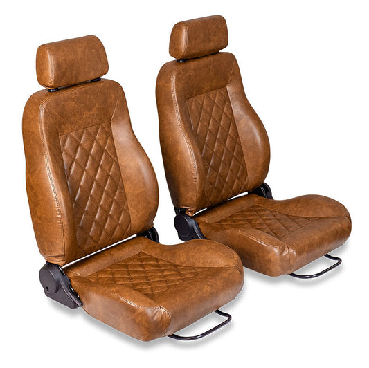 Walnut diamond-stitched bucket seats with chrome hardware, front view