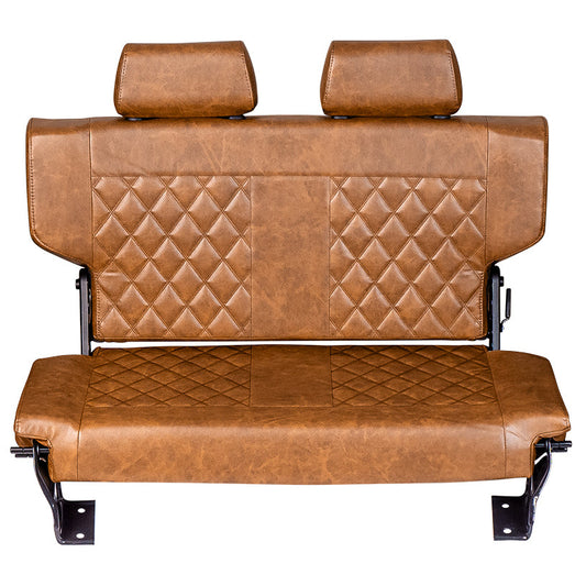 Walnut diamond-stitched leather rear seat with fold and tumble design, side view