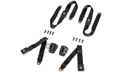 Black seat belt kit with chrome buckles and retractable webbing, front view