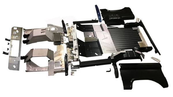 Unassembled steel body tub kit with mounting holes, side view