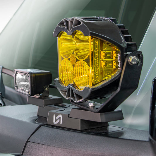 Black metal pod light mount for Ford Bronco, side view