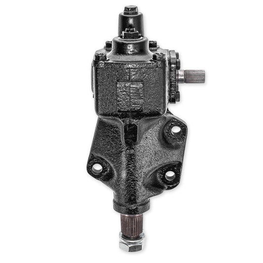Rebuilt manual steering box with metal housing and adjustment bolts, side view