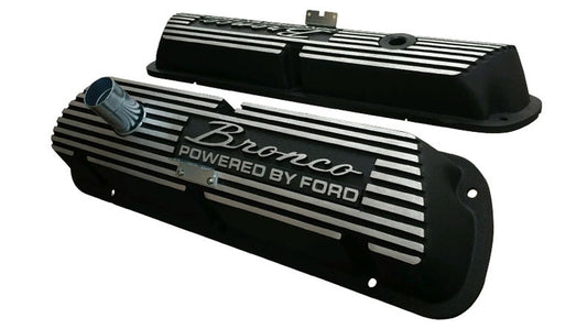 Black Aluminum Valve Covers w/Bronco Script, SBF V8, 66-77 Ford Bronco