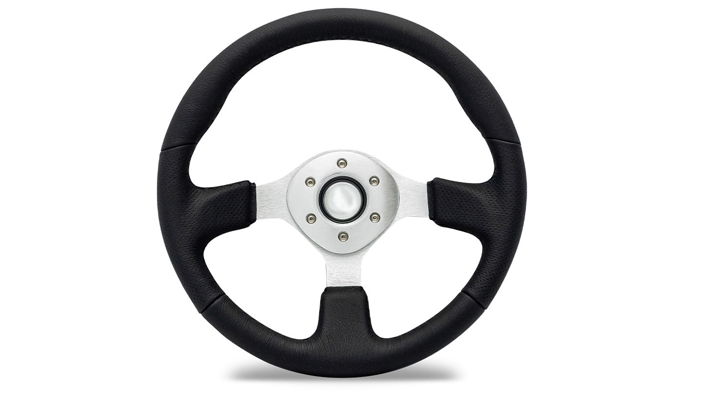 Silver Steering Wheel w/Black Leather Wrap, 66-77 Ford Bronco