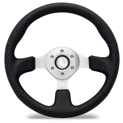 Silver Steering Wheel w/Black Leather Wrap, 66-77 Ford Bronco