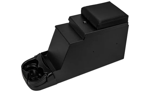 Black metal security console with stereo port and locking mechanism, front view