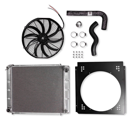 Aluminum radiator with dual electric fans and polished fittings for Ford Bronco, front view