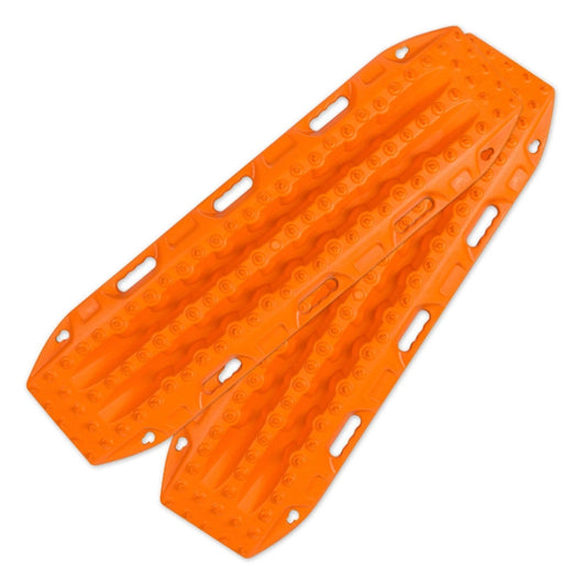 Black recovery traction boards with raised tread pattern, side view