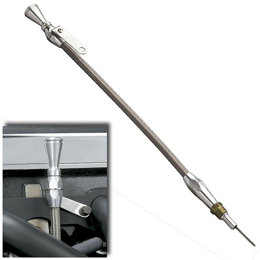 Screw-In Braided Stainless Flexible Oil Pan Dipstick, SBF V8, 66-77 Ford Bronco