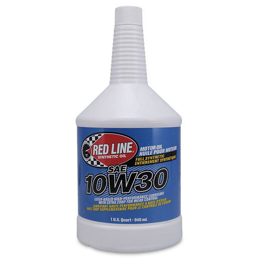 Red motor oil bottle with white label and black cap, front view