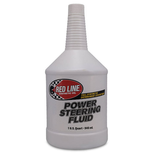 Red power steering fluid bottle with white label, front view