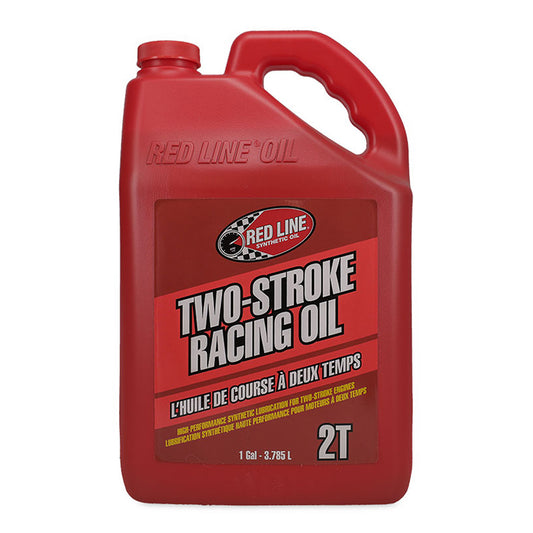 Red gallon jug of two-stroke racing oil with black label, front view