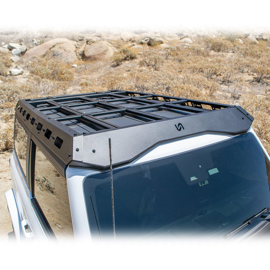 Black steel roof rack with dual crossbars for Ford Bronco, side view