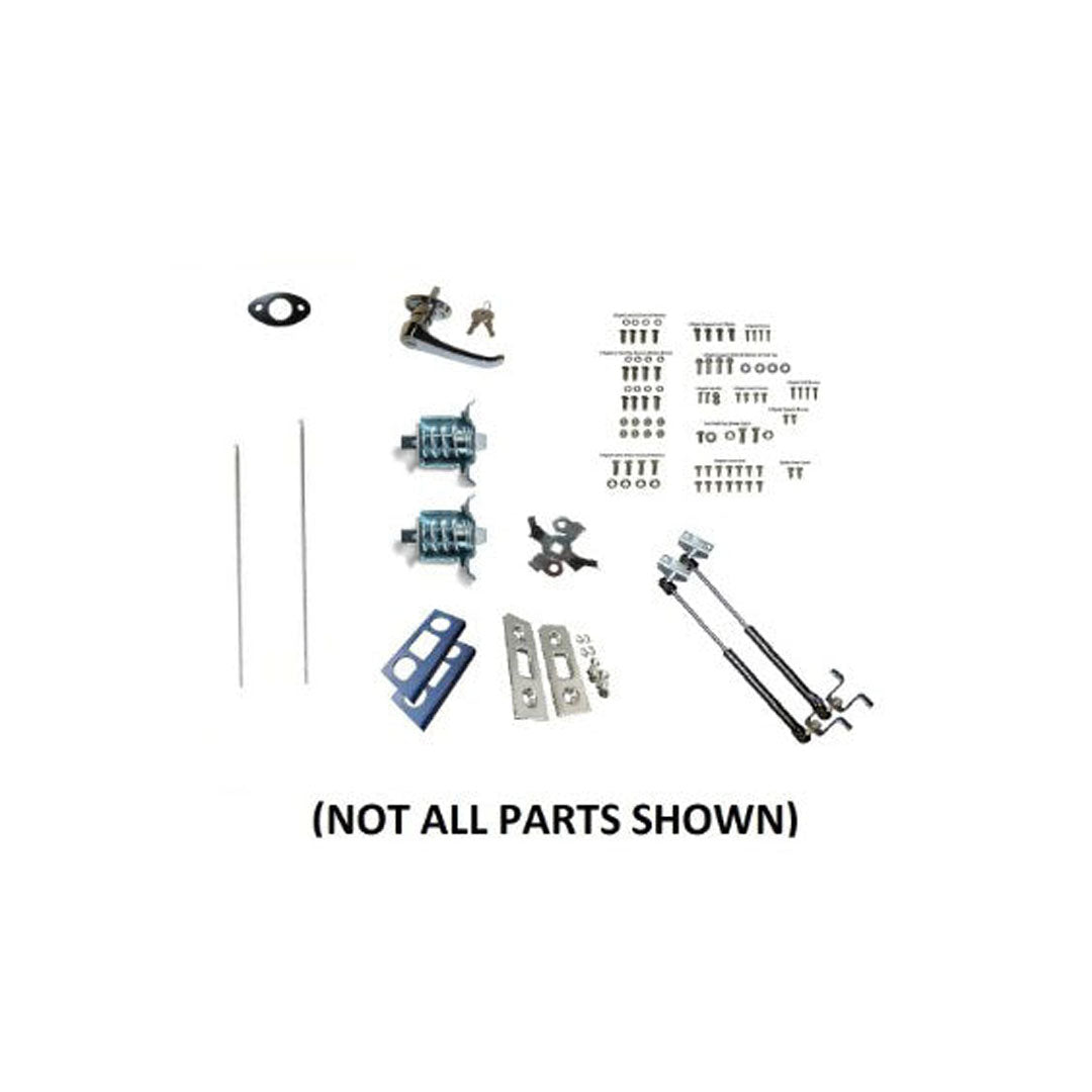 Bronco liftgate rebuild kit with hardware components, front view