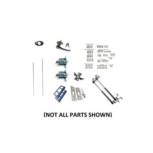 Bronco liftgate rebuild kit with hardware components, front view