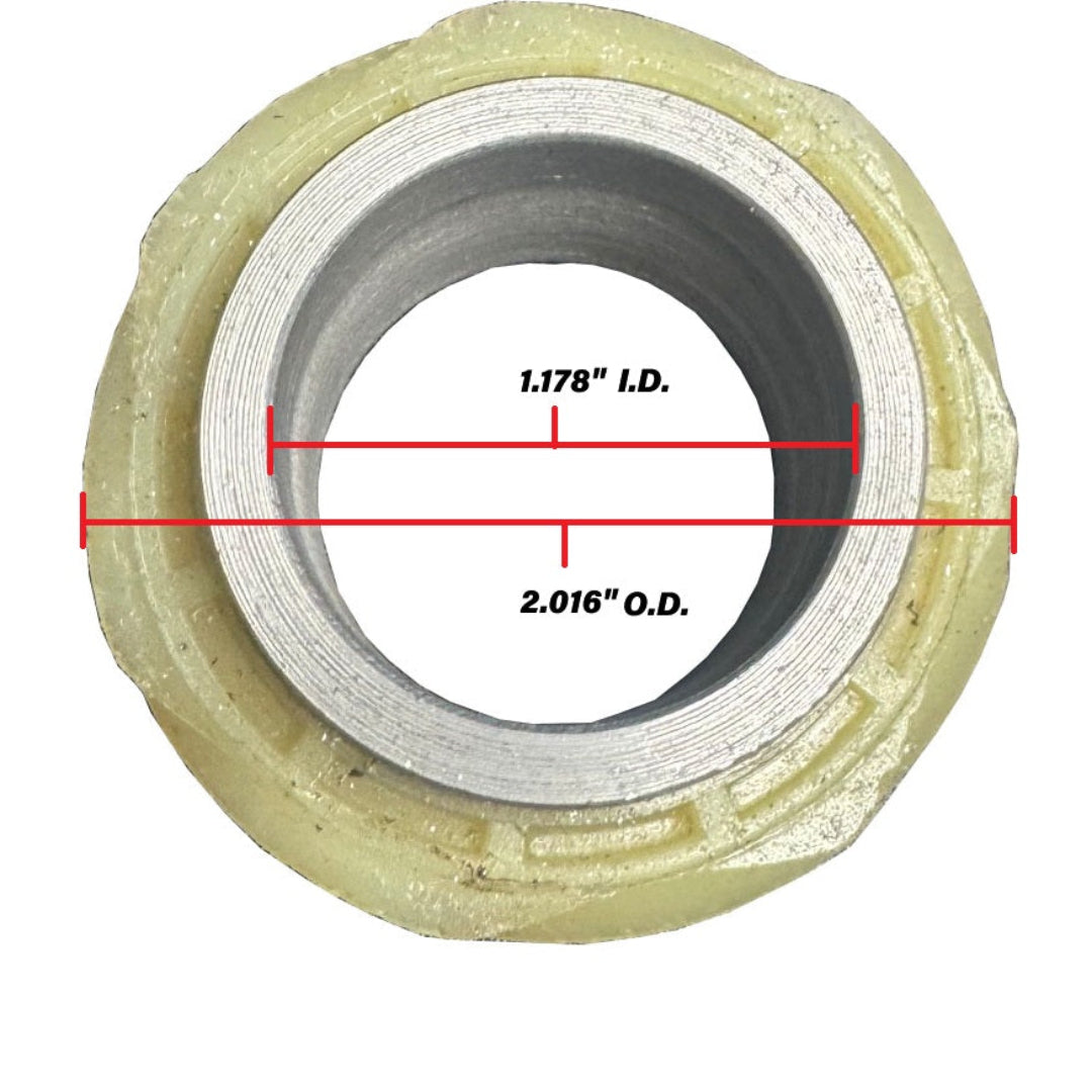 Silver metal speedometer drive gear with 7 teeth, side view