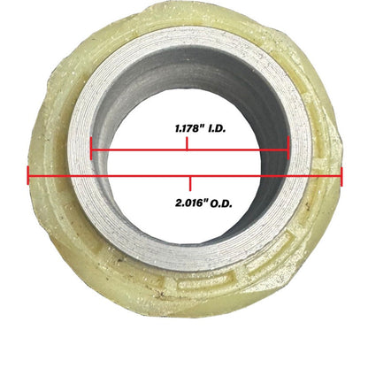 Silver metal speedometer drive gear with 7 teeth, side view