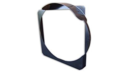 Black metal radiator fan shroud with mounting brackets, front view