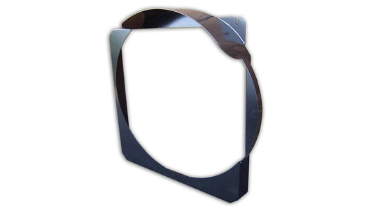 Black metal radiator fan shroud with mounting brackets, front view