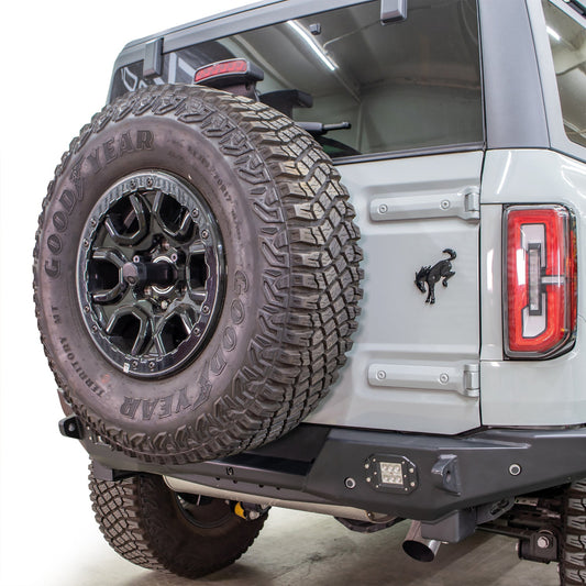 Black metal tire carrier with adjustable mounting brackets, side view