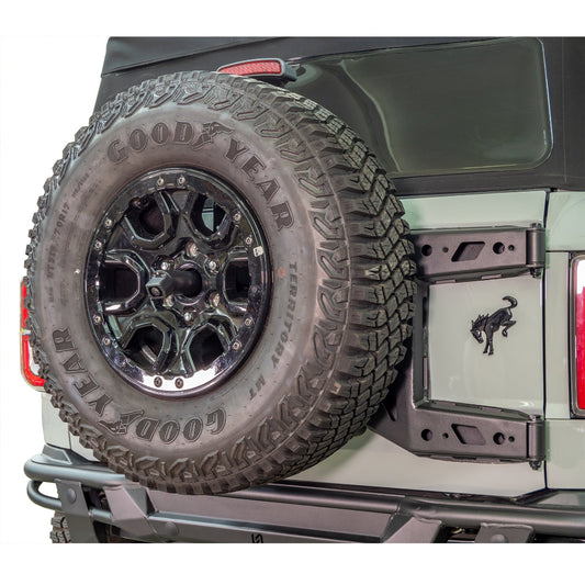 Black steel tailgate reinforcement with tire carrier mount, side view