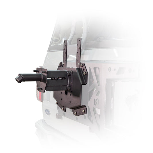 Black adjustable tire carrier with camera mount for Ford Bronco, side view