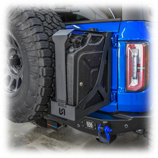 Black steel jerry can mount with quick-release latch for Ford Bronco, side view