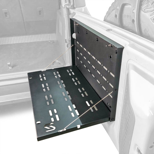 Aluminum tailgate table with folding legs and bottle opener, side view