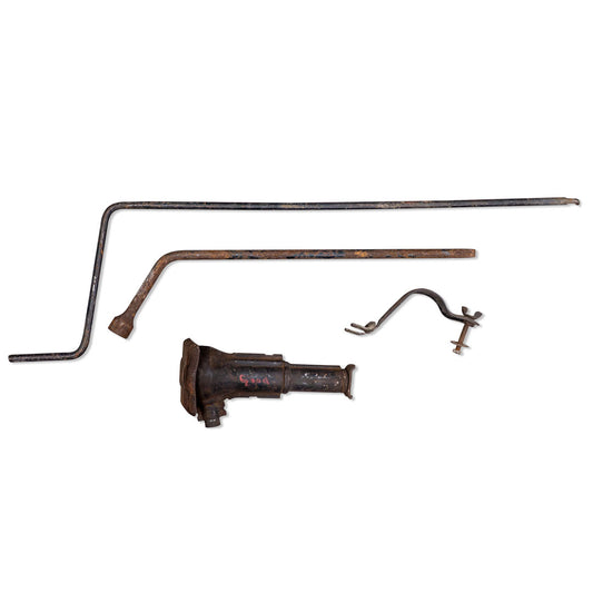 Black metal jack with handle and lug wrench kit, side view