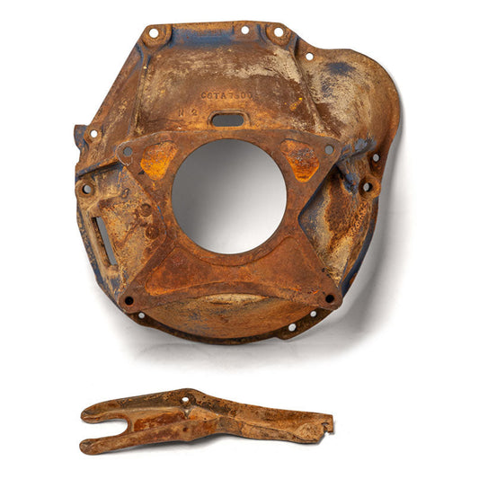 Used clutch bell housing and fork for 6-cylinder engine, front view