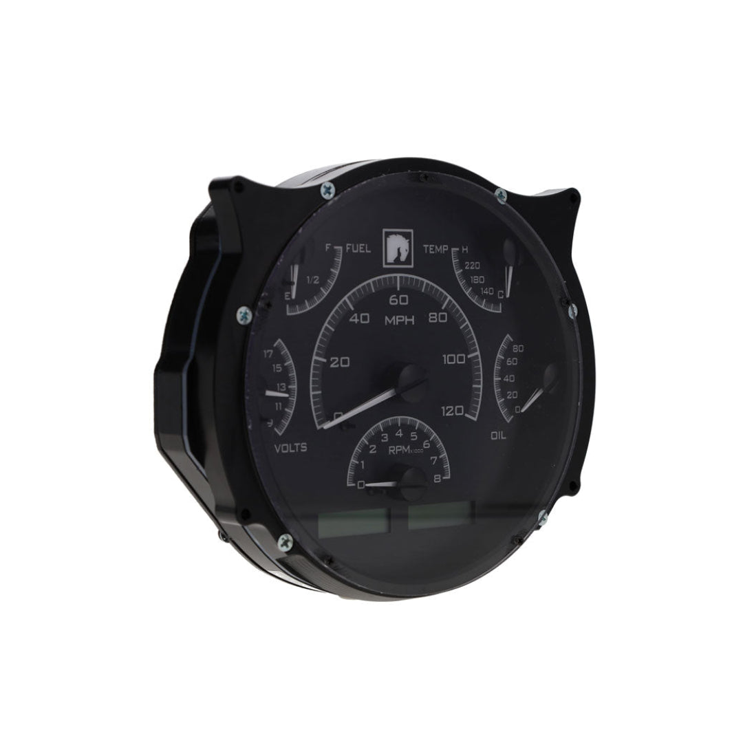 Black alloy speedometer with white backlight for Ford Bronco, front view