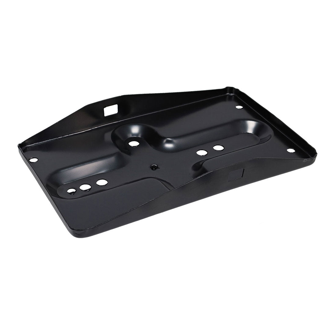 Black metal battery tray with mounting holes, side view