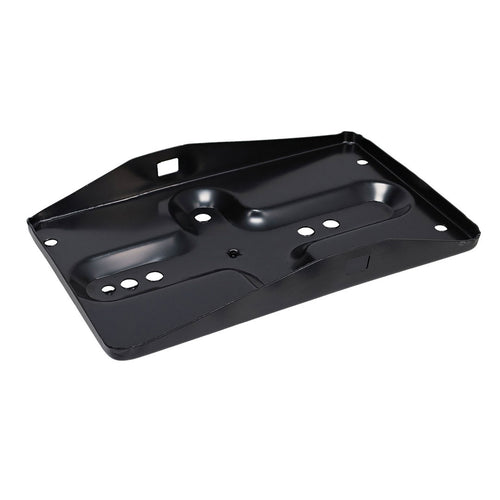 Black metal battery tray with mounting holes, side view