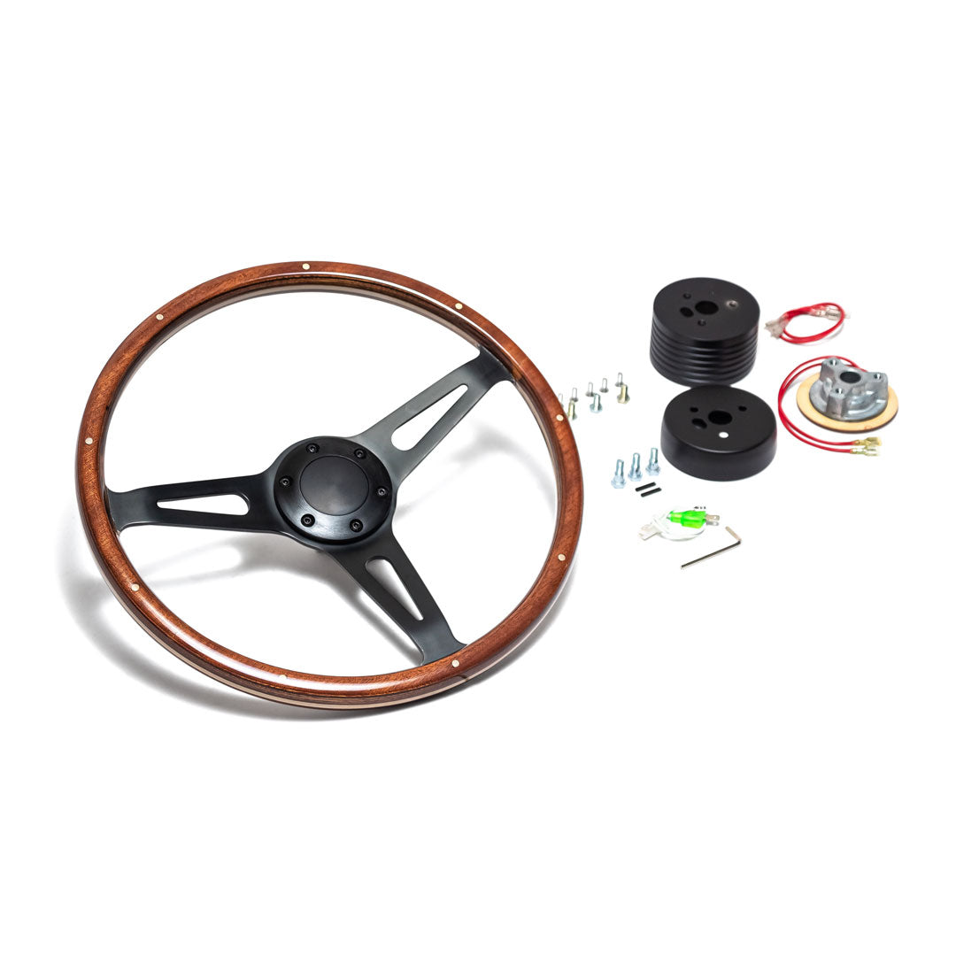 Vintage Black Steering Wheel w/Full Wood Wrap