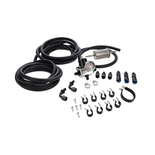 Black fuel hose and pressure regulator kit for 5.0L V8 engine, front view