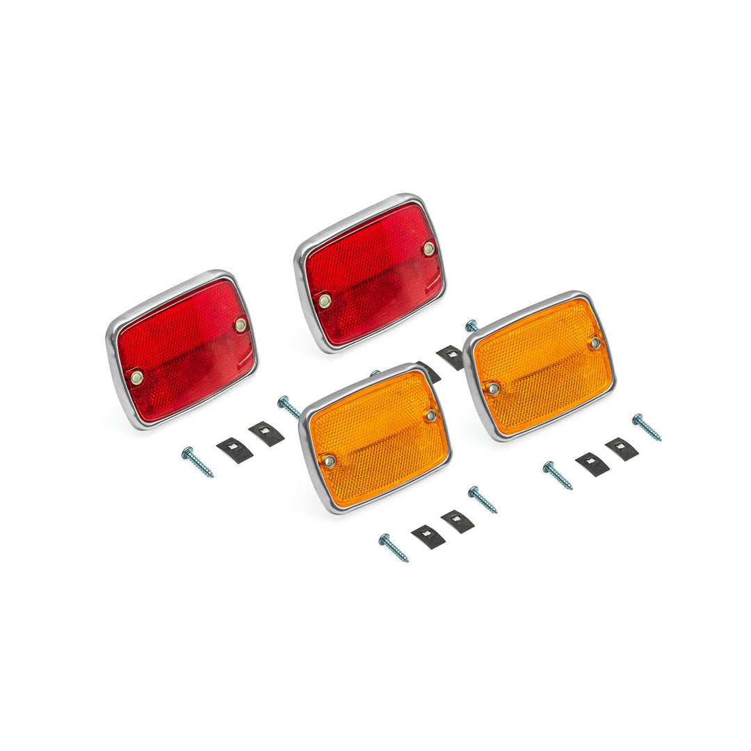 Red and white side marker reflector kit with chrome housing, front view